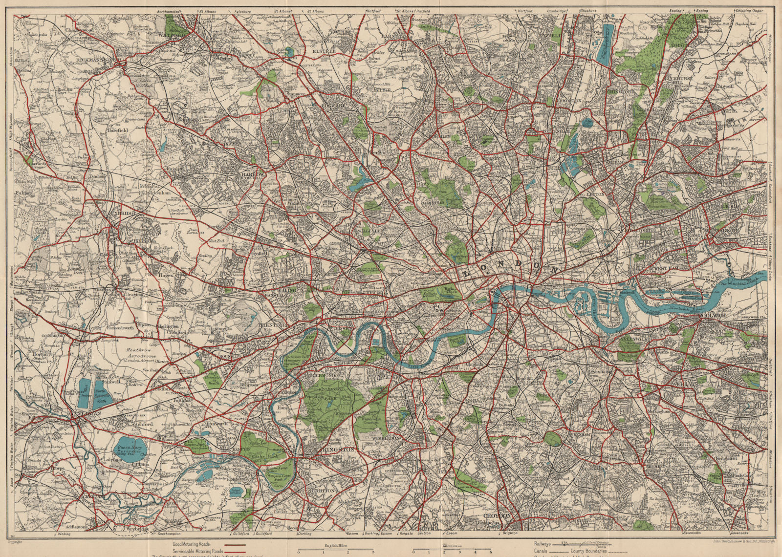 GREATER LONDON vintage town city map plan. Railways roads 1951 old vintage